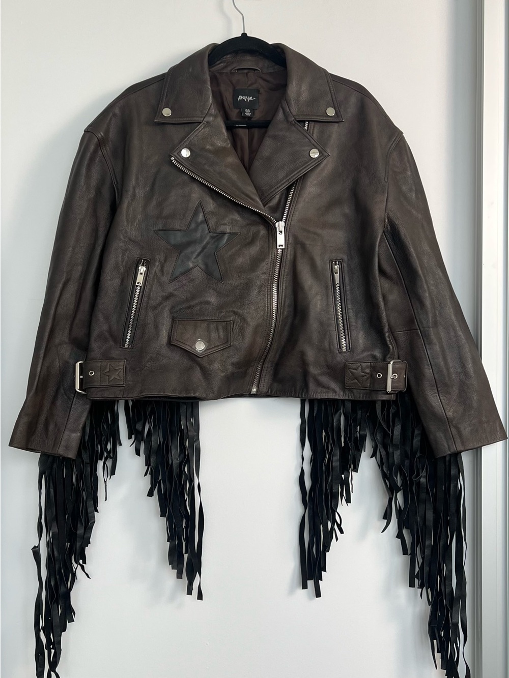 Nasty Gal Brown Leather Fringe Moto Jacket with Black Star